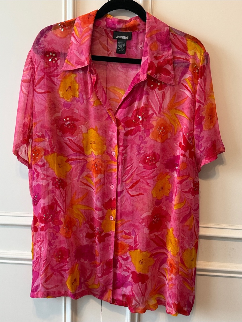 Avenue Hot Pink Floral Button-Front Short Sleeve Shirt